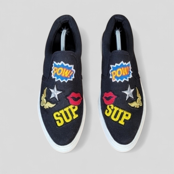 Soda Black Canvas Slip On Sneakers with Embroidered Patches Size 9 - Picture 15 of 15